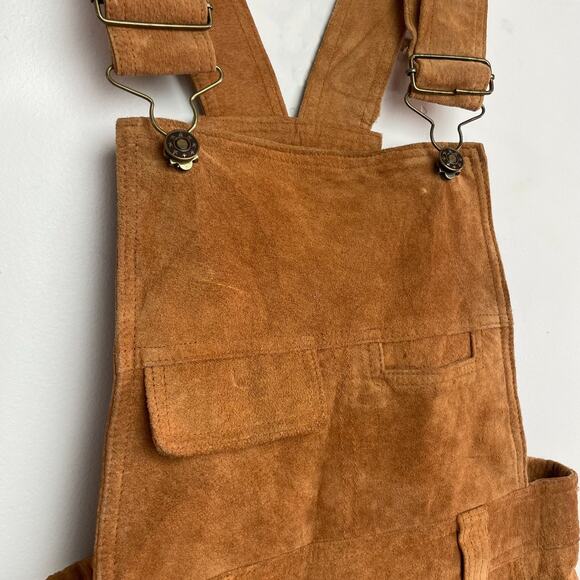 Vintage 90s Western Boho Cottagecore Suede Leather Overall Romper Shorts Sz M - Picture 2 of 10